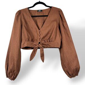 Dotti Linen Top Sz 10 Brown Long Balloon Sleeve Button Front Tie Crop